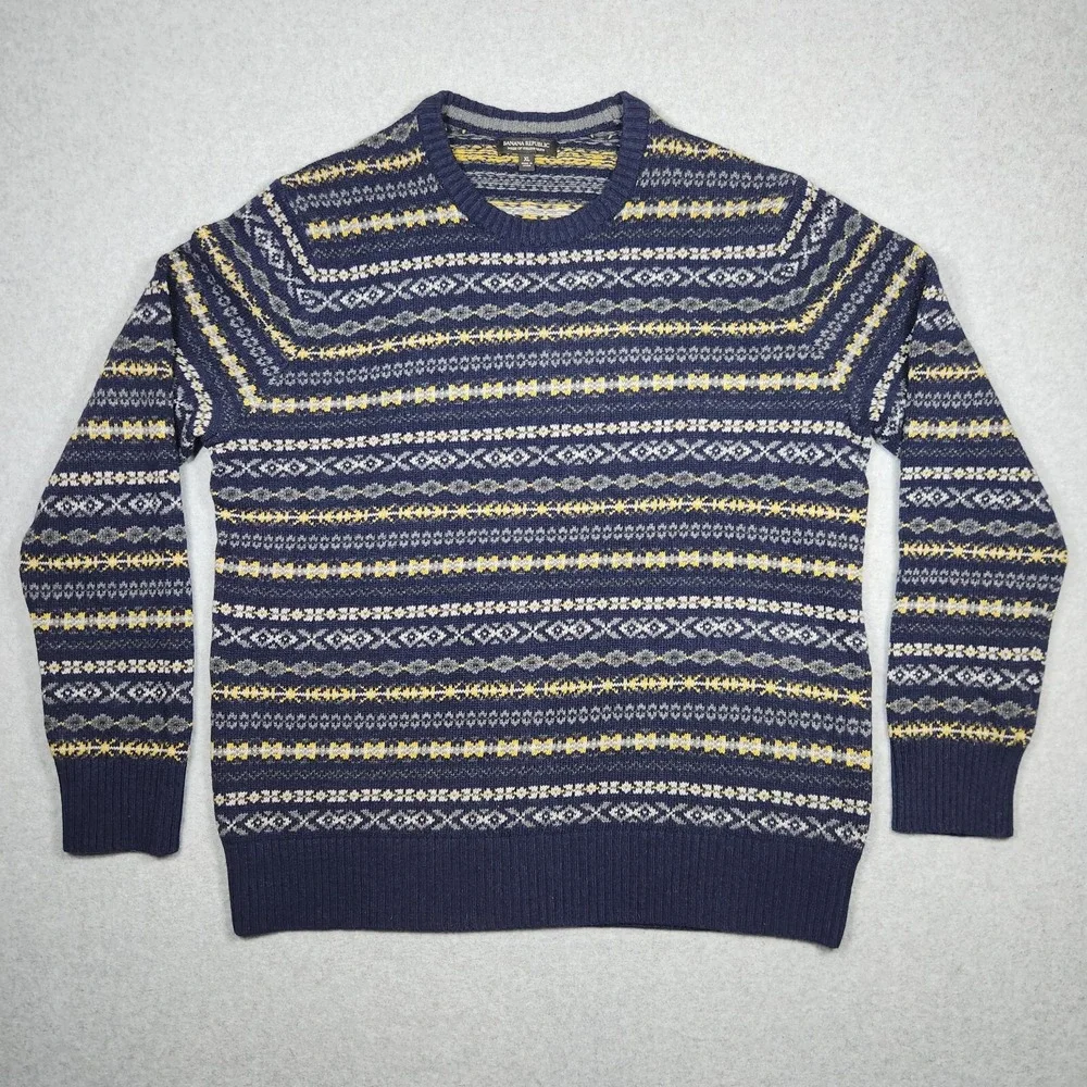 Banana Republic Sweater XL Blue Fair Isle Crew Knit Italian‎ Yarn Pullover Cozy